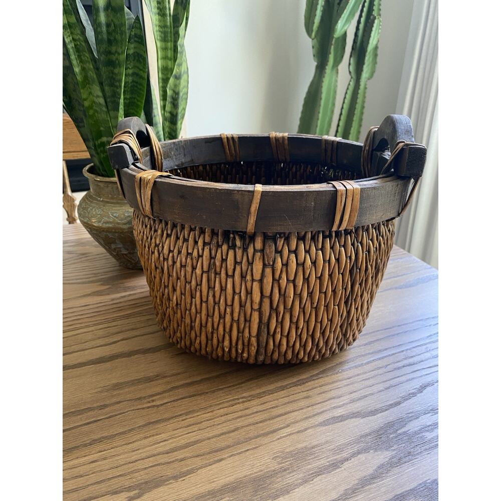 Antique 19th Century Chinese Woven Willow Basket Wood Handles Dark Brown